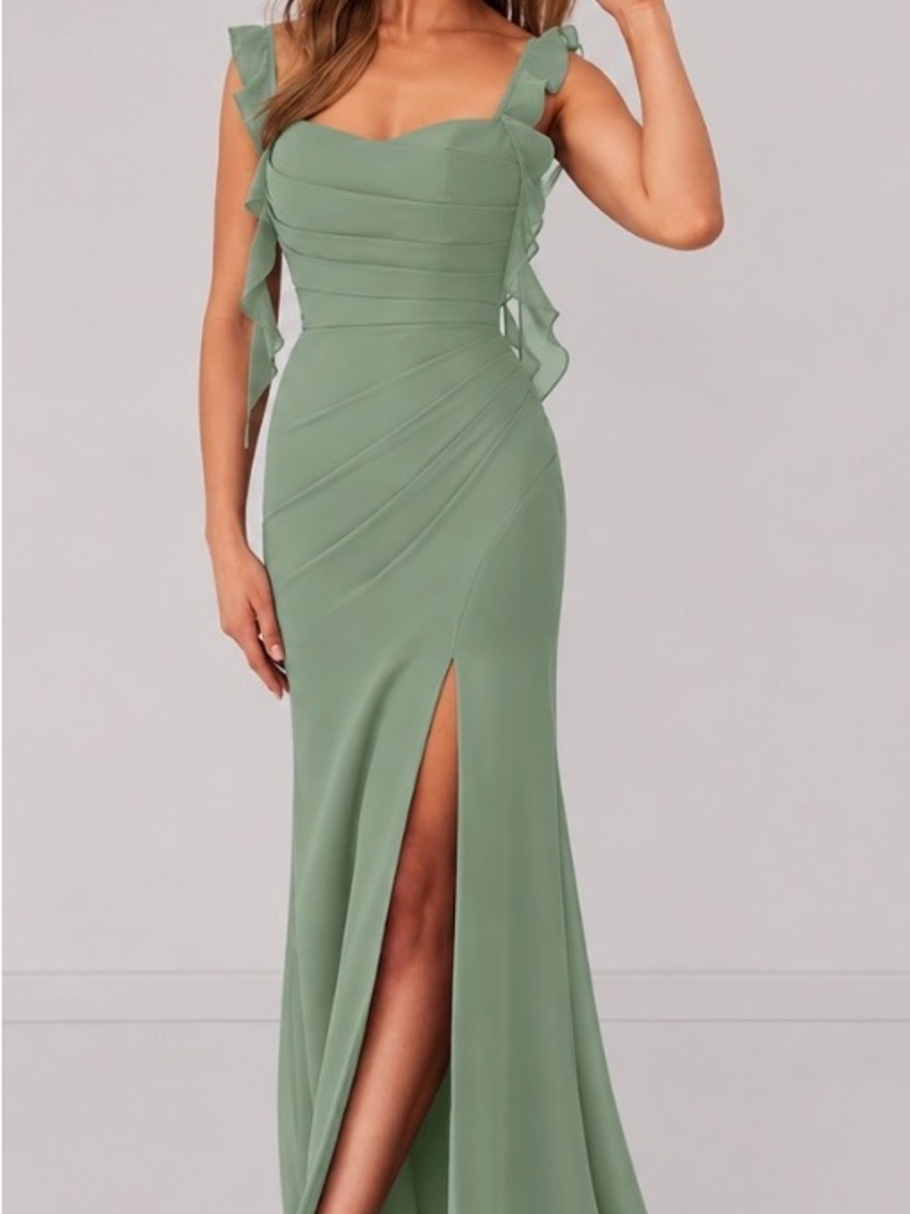 Azazie Matcha Green Ruffle Strap Maxi Gown with Front Slit